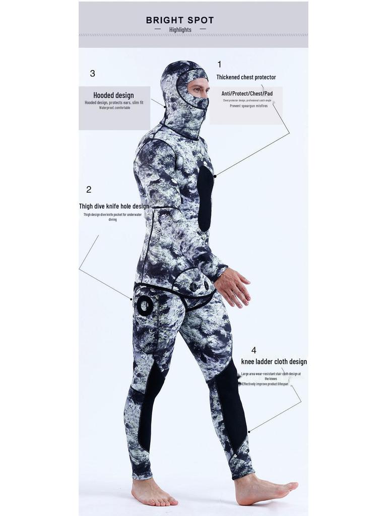 3mm Camouflage Two-Piece Wetsuit with Hood for Diving, Spearfishing, Freediving, and Snorkeling