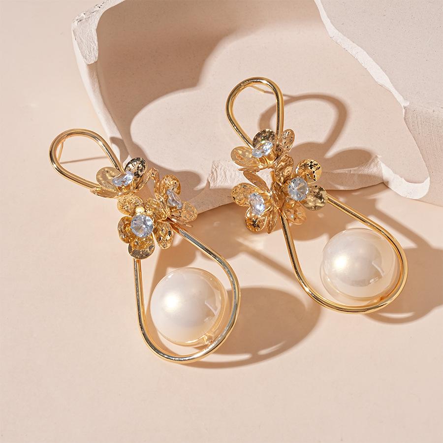 Zircon flower imitation bead water drop silver needle earrings atmospheric earrings