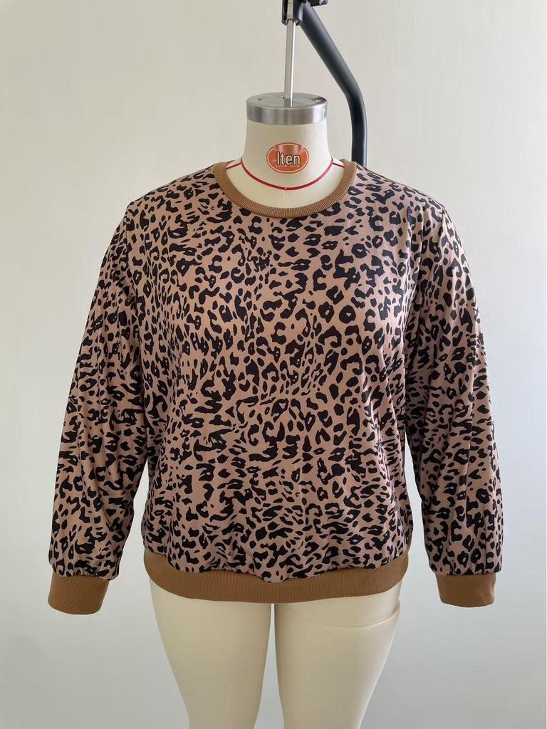 Übergröße Damen Sweatshirt mit Leopardenmuster - Europäischer & Amerikanischer Stil, Rundhalsausschnitt, Langarm-Pullover-Oberteil