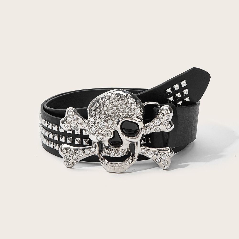 Rhinestone Black Rivet Belt Adjustable Skeleton Belt Skull Wide Waistband Trouser Decoration