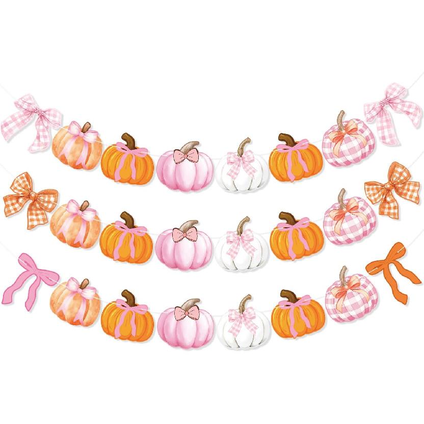 3Pcs Bow Pumpkin Banner, Orange Pink Bows Fall Thanksgiving Pumpkin Garland, Little Pumpkin Hanging Garland Banner for Autumn Home Fall Wall Mantle