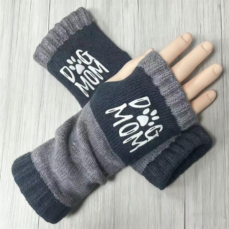 Gants en tricot sans doigts avec broderie de chat et patchwork, Gants décontractés ouverts aux doigts tendance pour femme, Mitaines chaudes d'hiver sans doigts