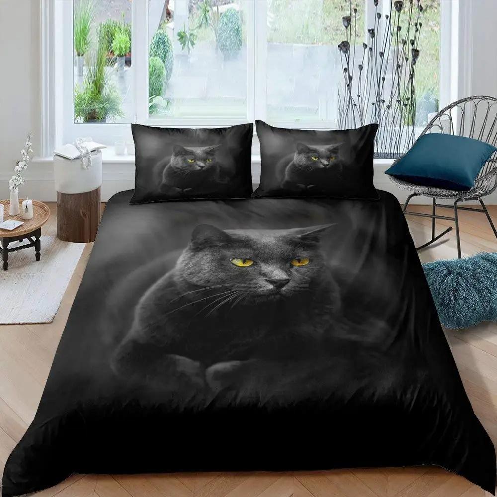 Black Cat Bedding Set King Queen Size 3D Cute Dark Blue Pet Kitty Bedroom Decor Duvet Cover for Kids Teens Adult with Pillowcase