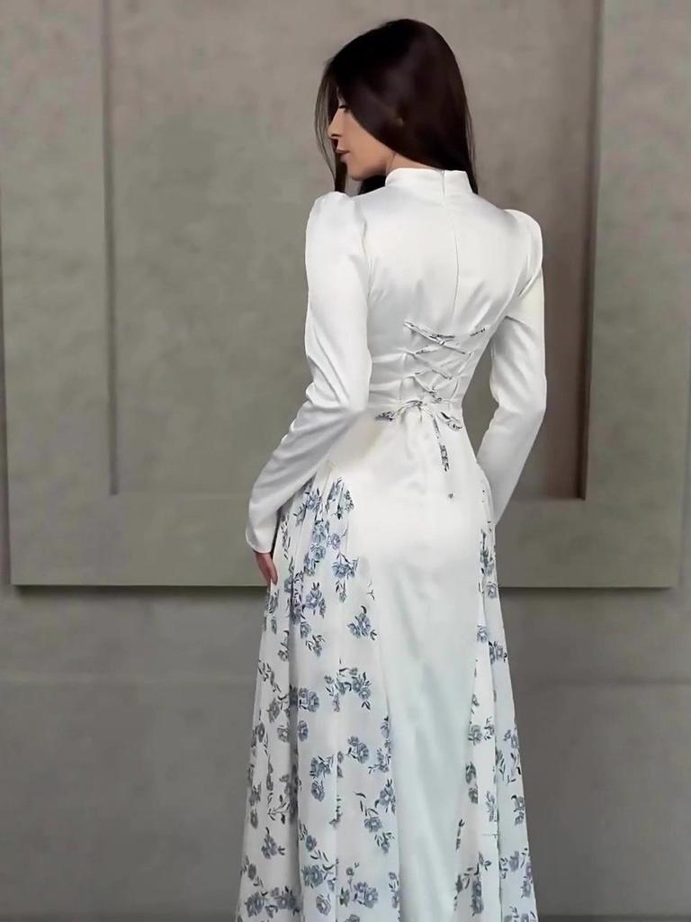 2025 Spring Long-Sleeved Floral Print Dress - European and American Style, Round Neck, Long Skirt