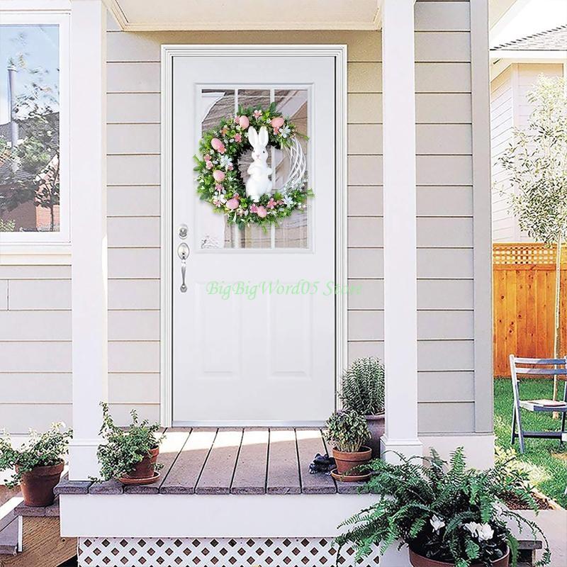 24TE Easter Rabbit Bunny Wreath with Egg Flower Spring Garland Hanging Ornament CN