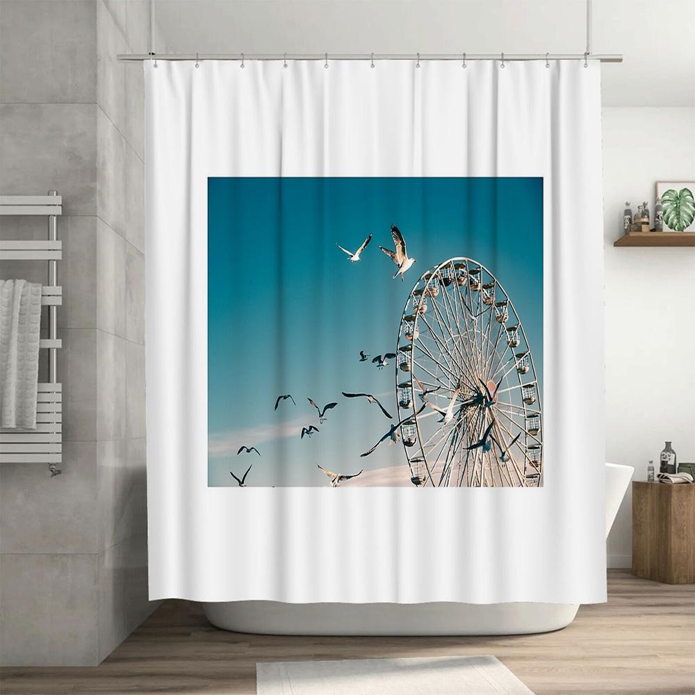Bathroom Curtain Ferris Wheel Beach Sunset Ocean View Shower Curtain Set Coastal Home Decor Modern Waterproof Fabric