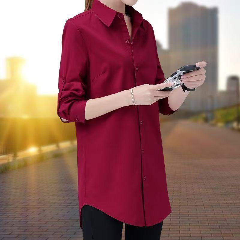 Women's Spring/Fall Long-Sleeve Loose-Fit Korean-Style Shirt, Plus Size, Mid-Length Base Layer Shirt