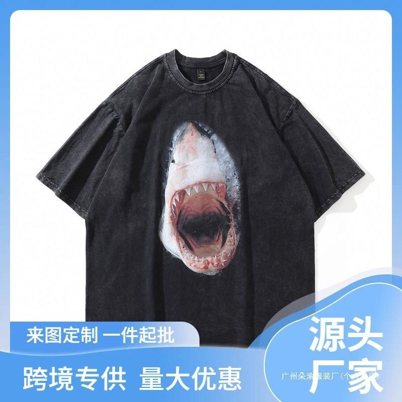 Spersonalizowany nadruk z rekinem białym Kreatywny T-shirt z krótkim rękawem 230G Prany Wodą Styl潮 Vintage