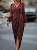 Spring Autumn Elegant Dresses Office Lady Sexy Cross Collar Fold Split Bubble Sleeve Irregular Long Sleeve Women's Maxi Dress
