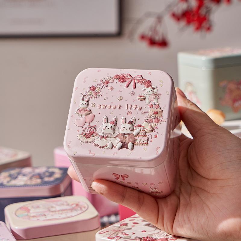 Kaninchenmuster Relief Blechdose Quadratische Weißblech Vorratsdosen Süßigkeiten Keks Tee Aufbewahrungsbehälter Geschenkbox