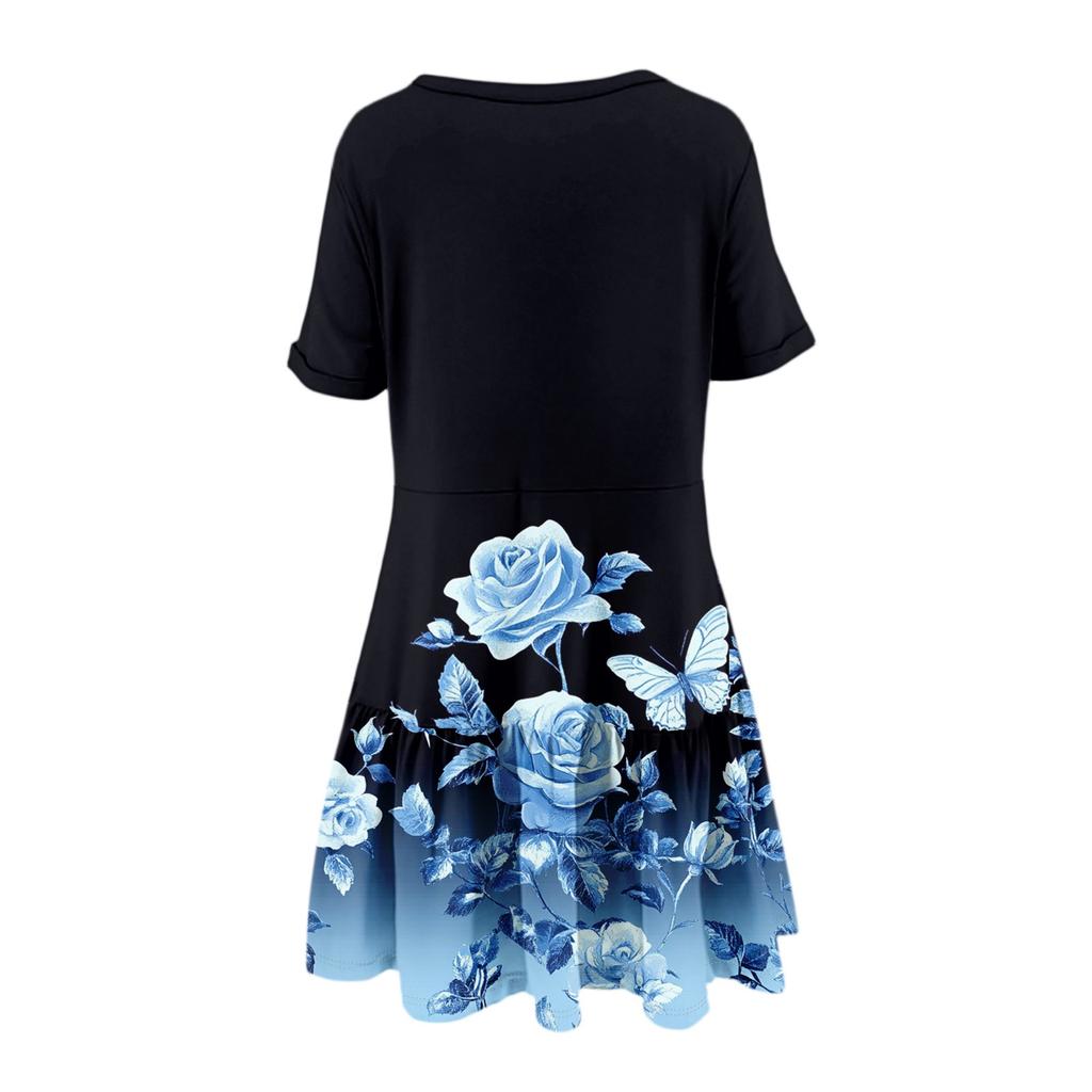 Women's Fashion Casual Round Neck Short Sleeve Ruffle Gradient Printed Dresses