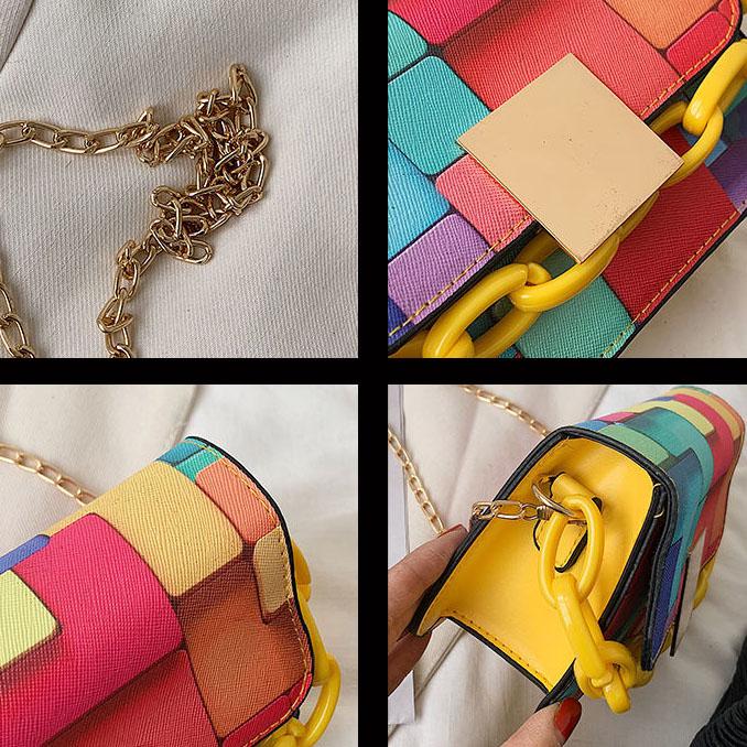 Women's Vintage Portable HandBag Versatile Single Shoulder Slant Across Bag Female Contrast Color Small Square Chain Bag