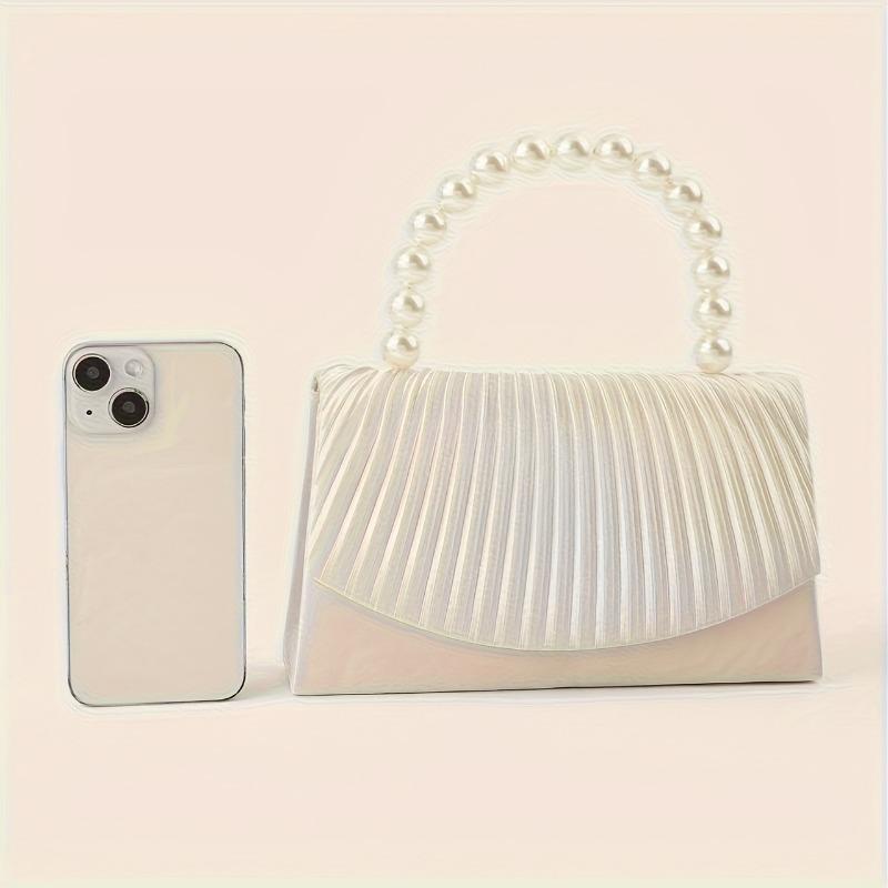 Elegant Pleated Crossbody Bag, Luxurious and Fashiable Handbag, Versatile Pearl Handle Striped Design Shoulder Bags