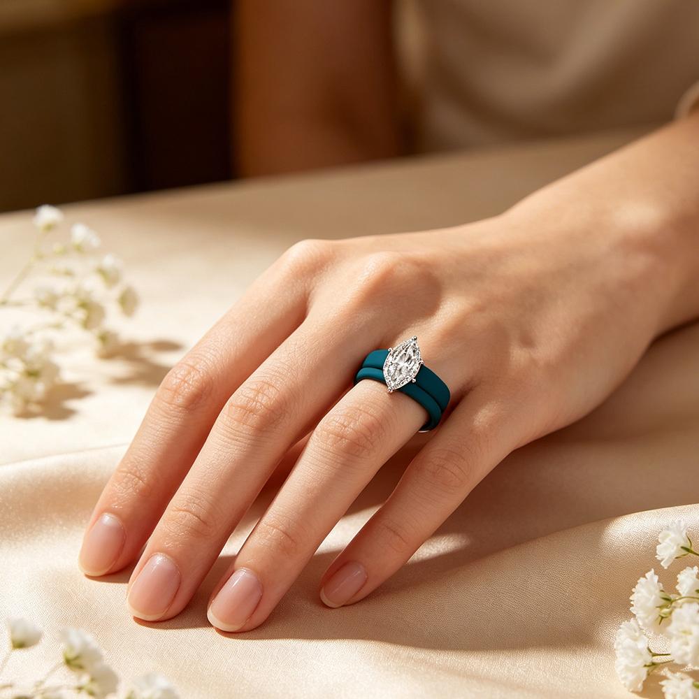 CZ diamond ring, paired with a blue silicone wedding ring, hypoallergenic, stackable elastic rubber ring, suitable for women to