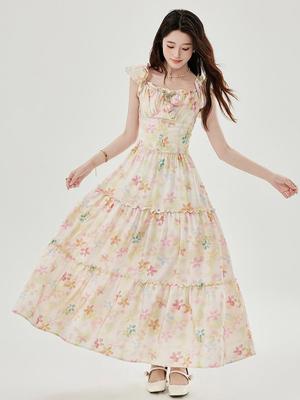 Damen französisches quadratischer Ausschnitt Puffärmel figurbetontes Camisole-Kleid mit Sommer-Blumen-Midirock