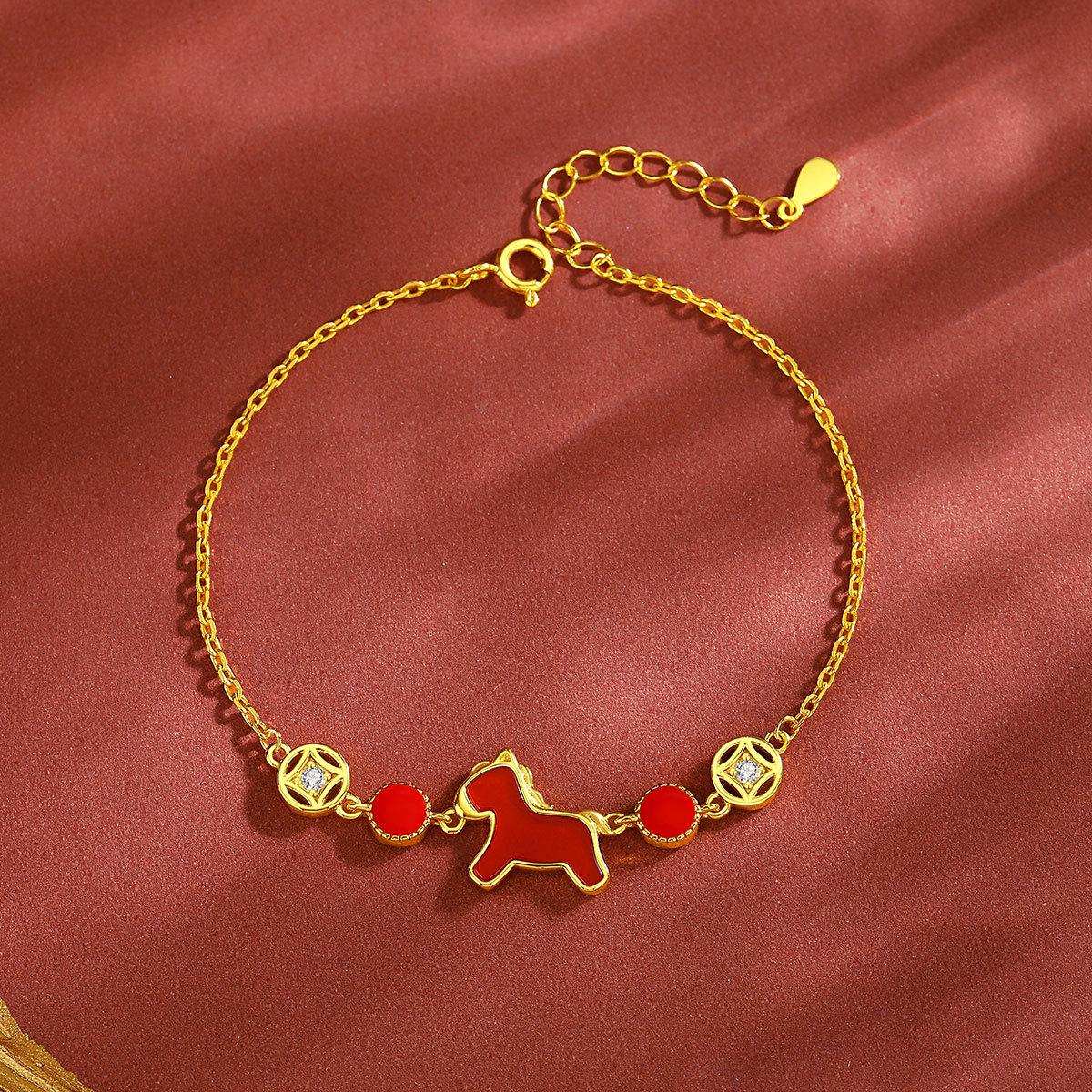 Tichia Women s S925 Sterling Silver Zodiac Horse Bracelet with Red Agate 925 Sterling Silver