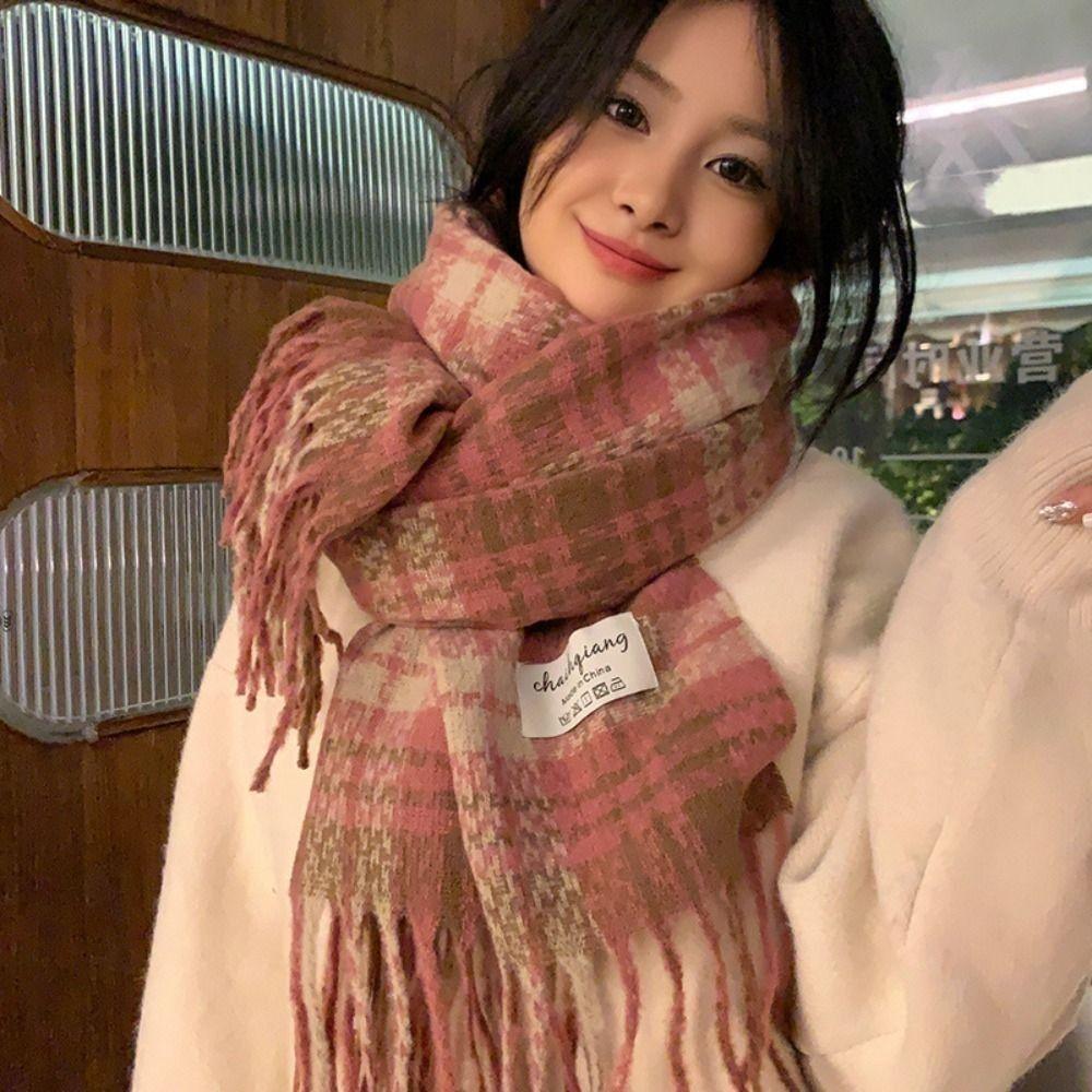 Soft Winter Plaid Scarf Rose Pink Shawl Wrap New Long Tassel Scarves Women