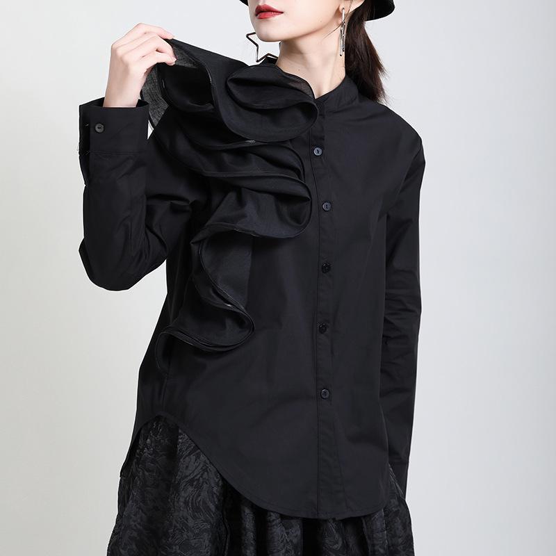 2026 Spring Women s 3D Ruffle Patchwork Stand Collar Shirt L