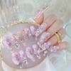 24 Pcs Long Press On Nails With Diamond Pearl Glitter Design Reusable Acrylic Artificial Nail Tips Set
