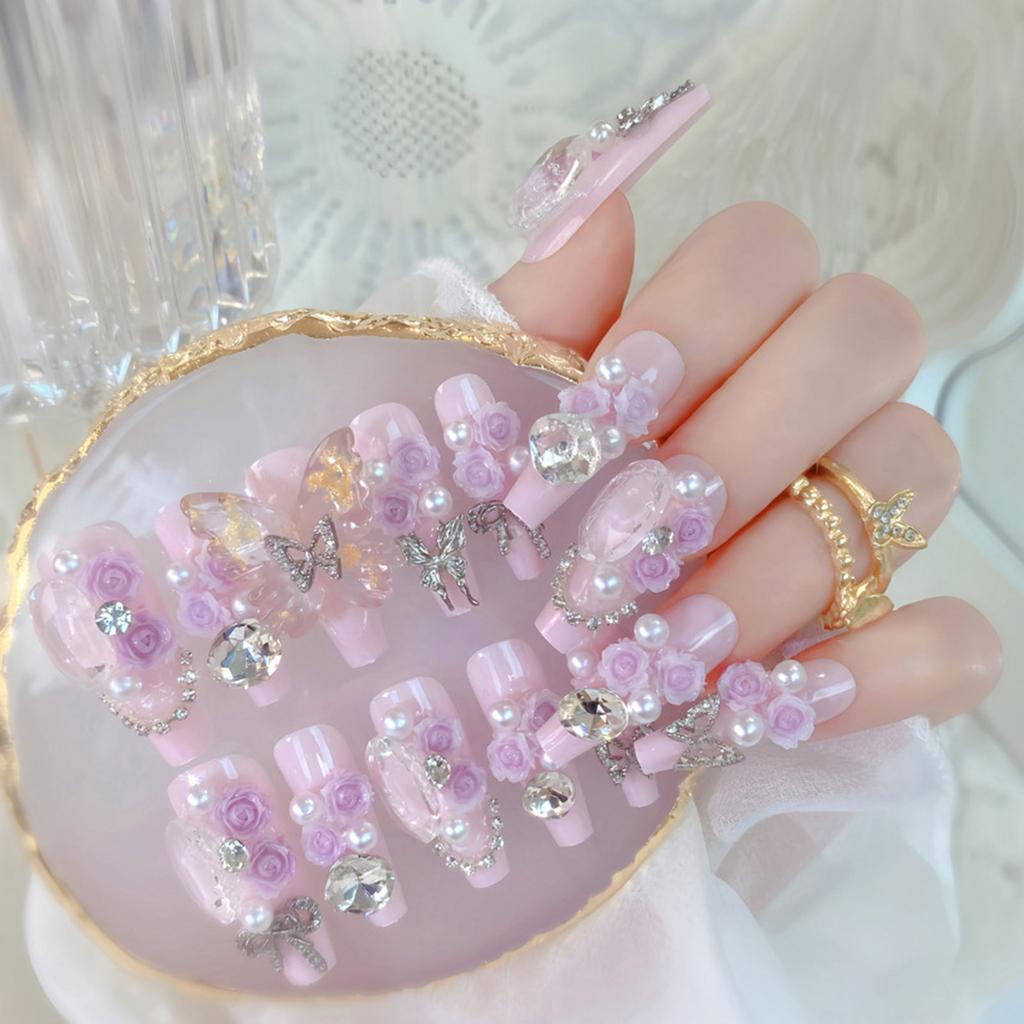 24 Pcs Long Press On Nails With Diamond Pearl Glitter Design Reusable Acrylic Artificial Nail Tips Set