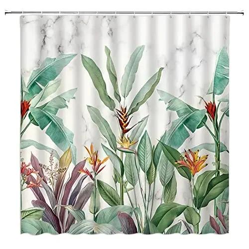 

Tropical Plant Shower Curtain Watercolor Floral Hummingbird Green Leaves Botanical Jungle Sanitary Napkin Curtain Bathroom Decor W60H190(CM)-1 Pcs