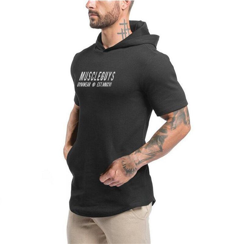 Muscleguys Neues Sommer Fitness Kapuzen-T-Shirt Herren Streetwear Schlichtes Bodybuilding Kurzarm T-Shirt T-Shirt Fitnessstudios T-Shirt