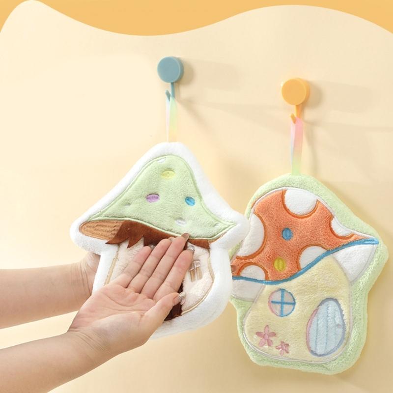 Soft Absorbent Coral Fleece Kitchen Towel Fun Mushroom Shape Handkerchief Wipe Rag Cloth Quickly Dry and Easy Hanging
