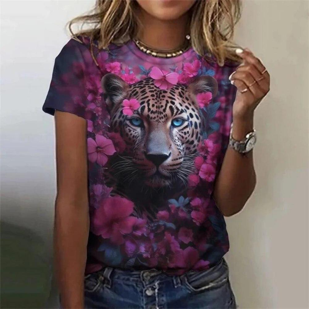 3D Printed Leopard Print Women's Short Sleeved T-shirt, Women's Top, Suitable for Daily Wear