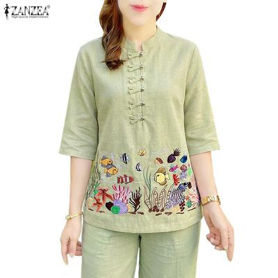 Damen Lässig Stehkragen Locker Halber Ärmel Print Bluse