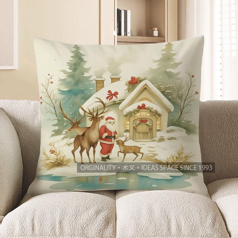 Home Decor Santa and Cabin Winter Scene Throw Pillow Pattern Cushion Cover Suitable for Sofa Bedroom Car Pillow Cover