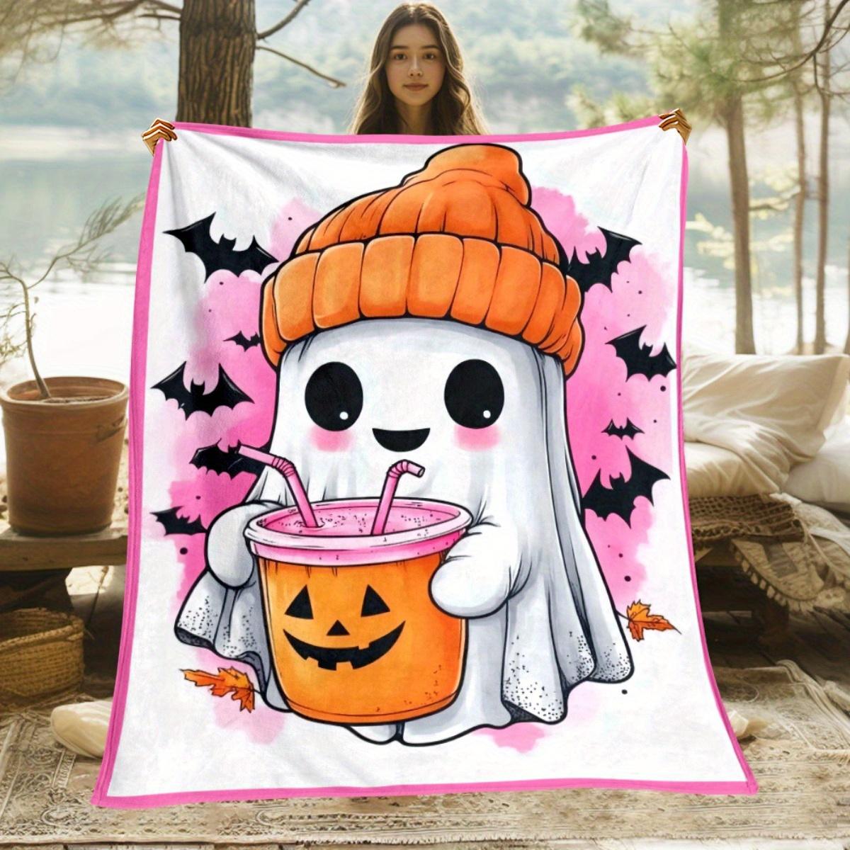 

Cute Ghost Pumpkin Drink Halloween Fleece Blanket Pink Border Soft Throw Party Decor Gift for Kids Teens Cozy Autumn Theme 75x100cm