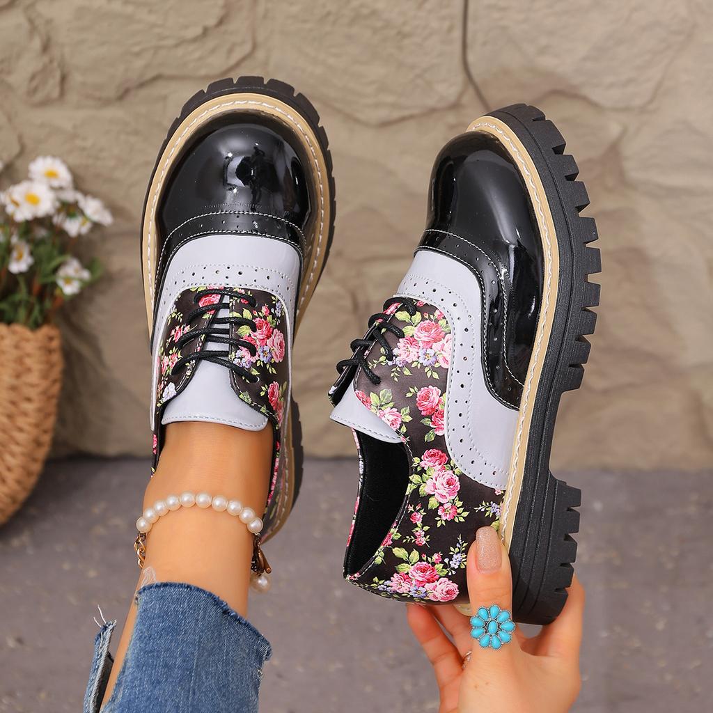 Women's Wide Width Brogue Shoes, Floral Embossed Leather Oxfords, Color Blocking Round Toe Lace-Up Flats