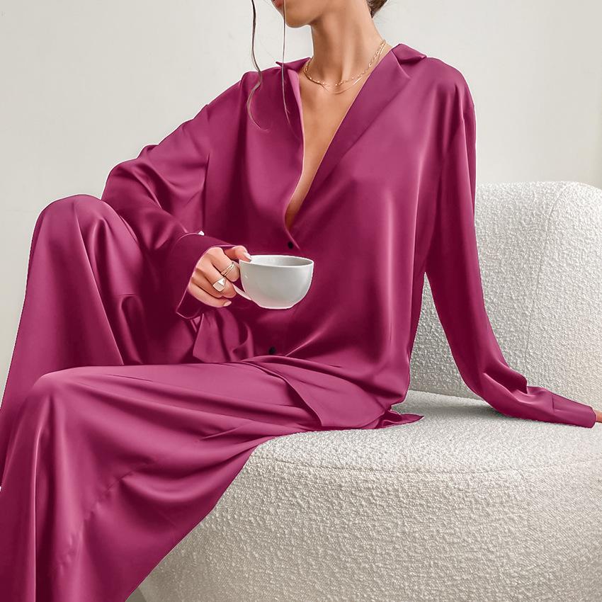 Women's Satin Silk Sleepwear Low Cut Sexy Home Clothes Pajamas Single Breasted Long Sleeves Wide Leg Pants Trouser Set
