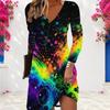 Women Plus Size V Neck Long Sleeve Rainbow Printed A Line Dress