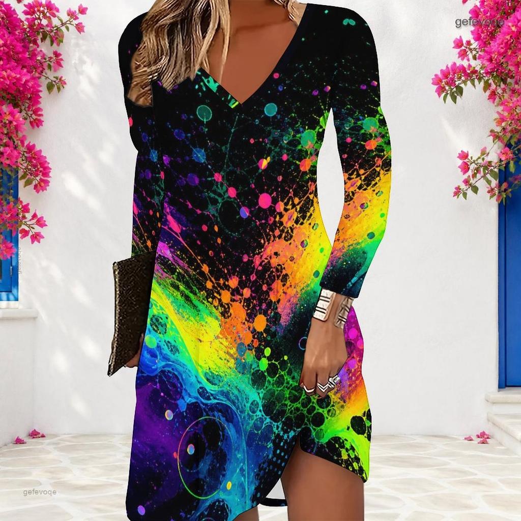 Women Plus Size V Neck Long Sleeve Rainbow Printed A Line Dress