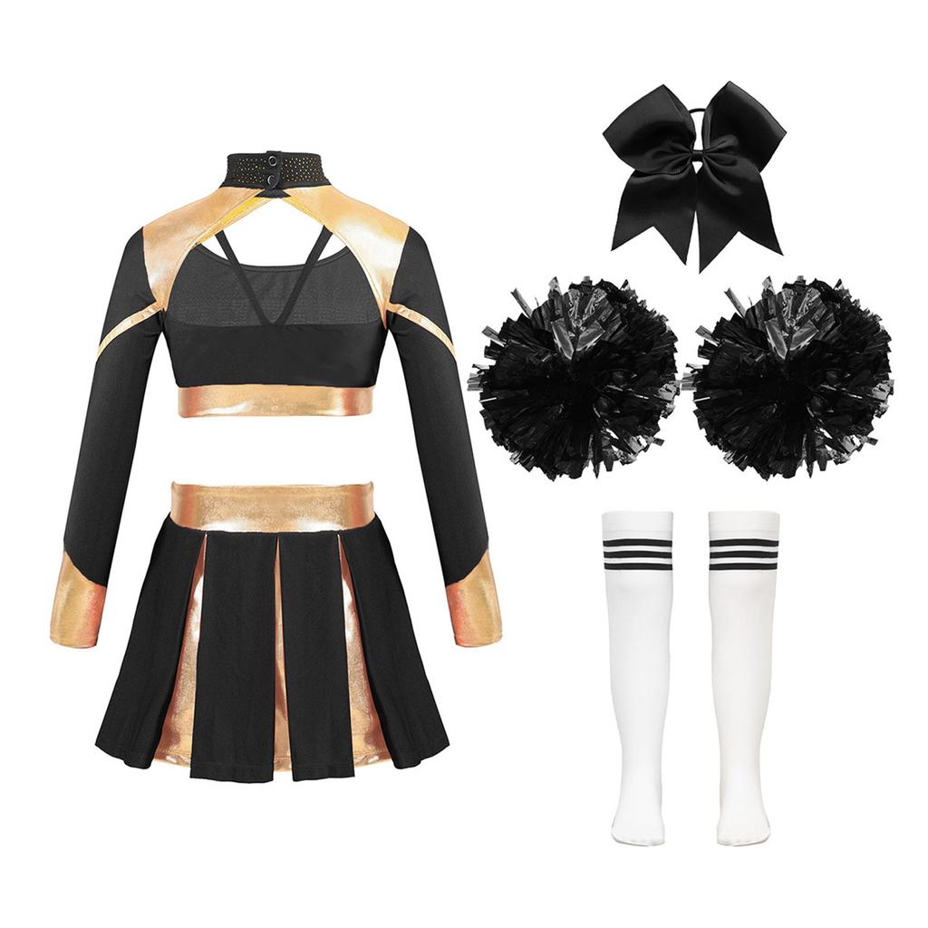 Kinder Mädchen Glitzerndes Cheer Outfit Ausgeschnittenes Crop Top Plissee Rock Gestreifte Strümpfe Schleife Accessoires Set