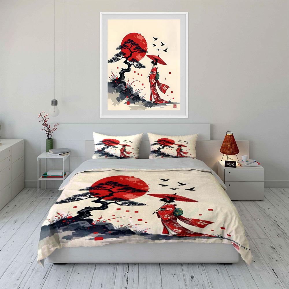 Red Sun, Elegant Kimono Lady Print Bedding Set 1 Duvet Cover 2 Pillowcases for Adult and Children Luxury Gift Full Size