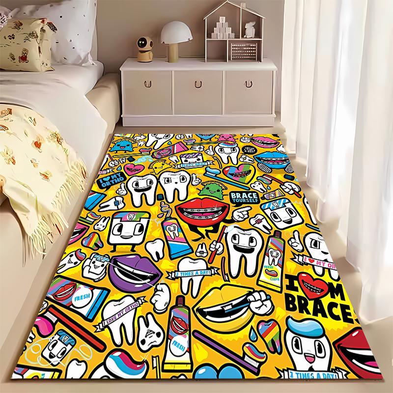 "Colorful Dental Icons with Cartoon Teeth Design. Non-slip Rug Suitable for Living Room and Bedroom Sofas."