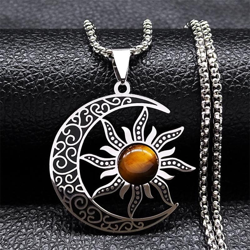 Witch Moon Sun Necklace for Women Men Stainless Steel Stone Occult Luna Crescent Wicca Chain Jewelry collares acero inoxidable