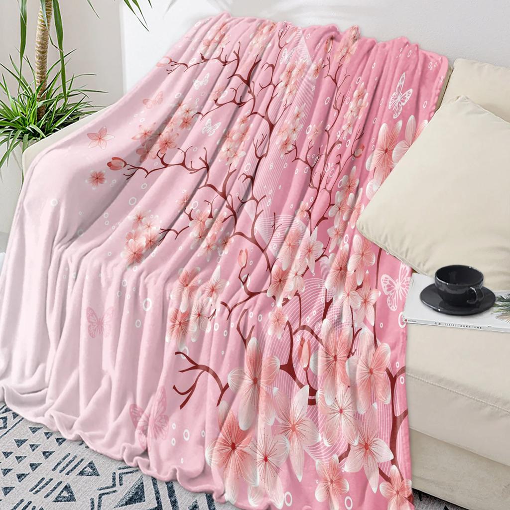 Cherry Blossom Plum Branch Pink Flower White Throw Blanket Warm Microfiber Flannel Blanket Bedroom Decor Blankets For Beds