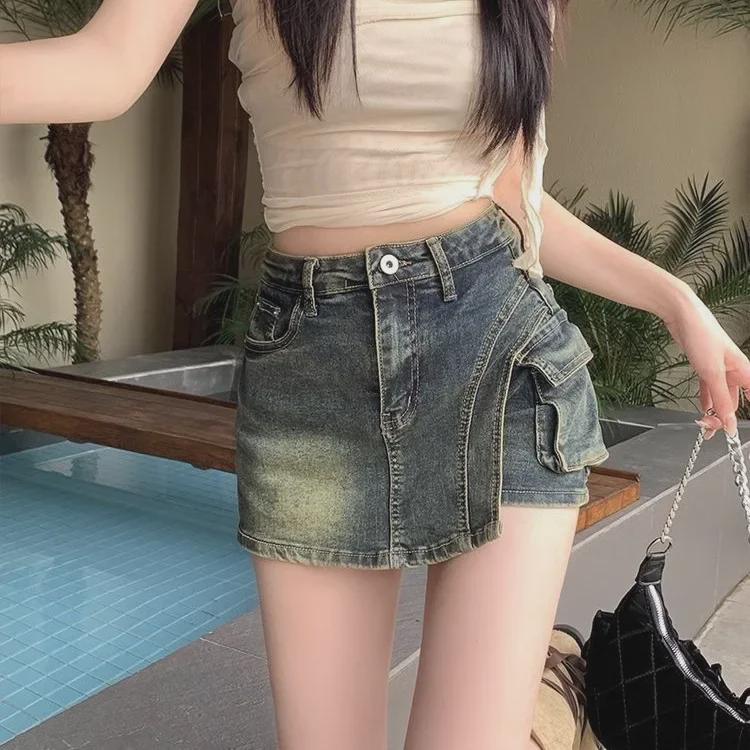 High-Waisted Retro Denim A-Line Skirt with Built-In Shorts