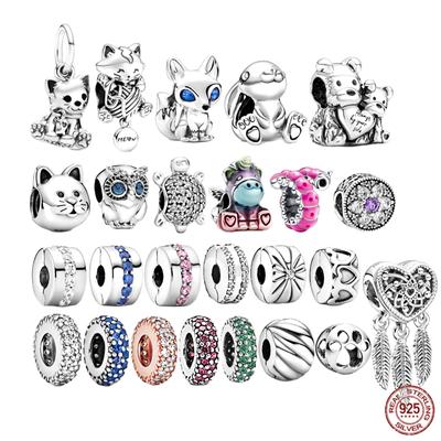 Bracciale/collana in argento sterling 925 con ciondoli, gioielli con perline, gattino, volpe gatto, unicorno colorato, clip a forma di bruco