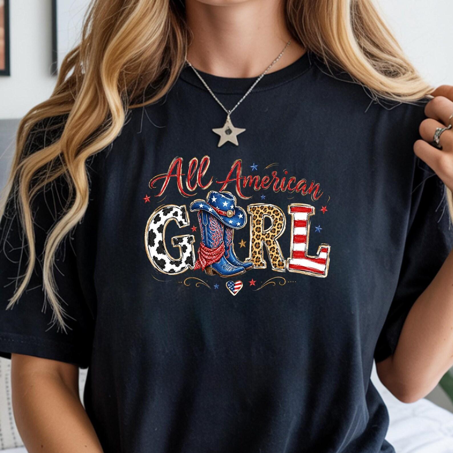 All American Girl Graphic Top, USA Flag Boots, Leopard Print, 4th of July Shirt, Southern Western Girl Patriotic Tee S