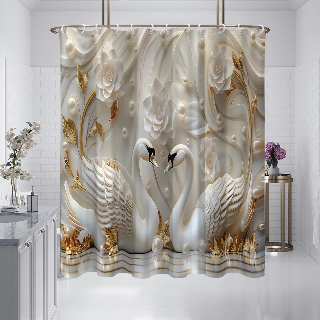 1PC 3D relief swan pattern printed shower curtain, with 12 hooks, suitable for bathroom showers, bathtub, home use