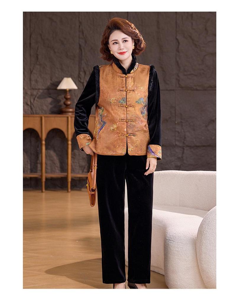 New Chinese-Style Winter Vest Suit: 3-Piece Gold Velvet Set for Middle-Aged Women