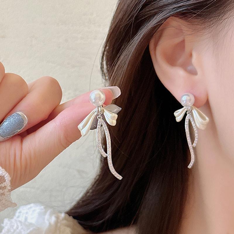 Bow Studded Diamond Pearl Earrings For Women, Light Luxury High-End Earrings, Long Tassel Zircon Earrings