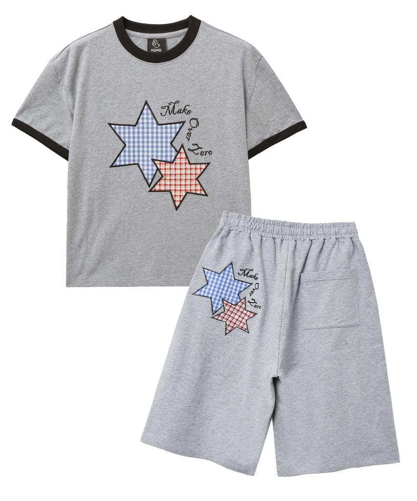 MOZMOZ [Set] Star Patch 2-Type Ringer Short Sleeve T-Shirt + Bermuda Side Pleat Training Pants