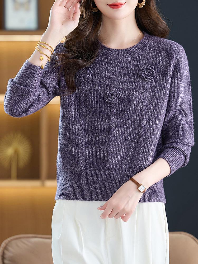 3D Flower Woolen Sweater - Women's Round Neck Autumn & Winter Versatile Base Shirt  
