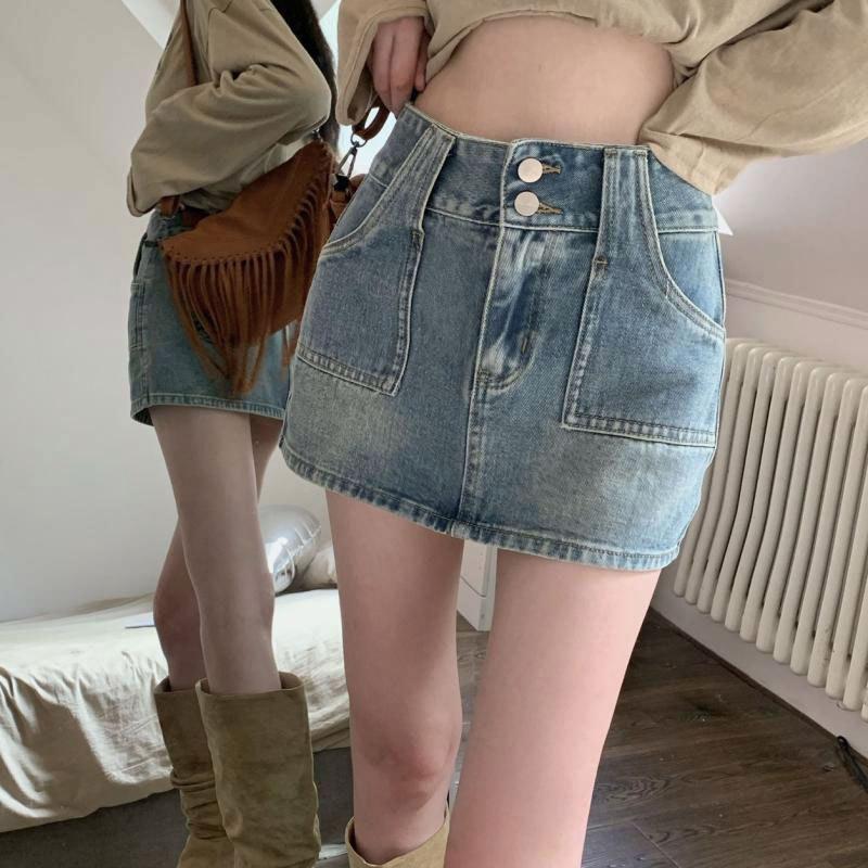 

Cowboy Short Skirt Double Button Design High Waist A-line Half Body Retro Skirt for Women 2XL