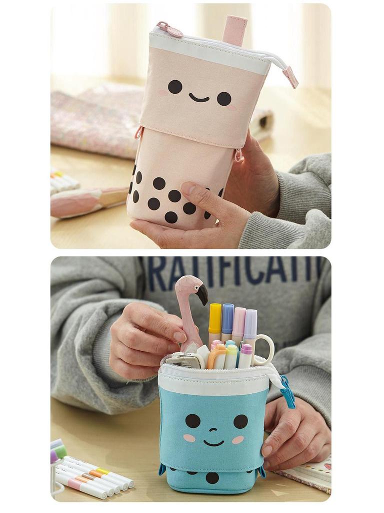 Polka Dot Milk Tea Pull-down Pencil Case with Heart and Smiley Face Design, Multifunctional Stationery Holder